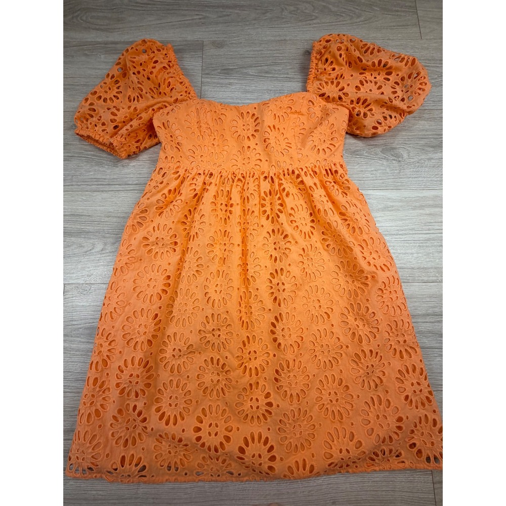 Lilly Pulitzer Orange Eyelet Babydoll Mini Dress Puff Sleeve Square Neck Size 4